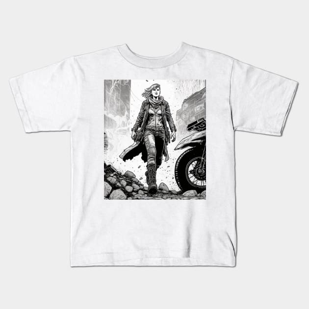 Dirt bike stunt cartoon style in city Kids T-Shirt by KoolArtDistrict